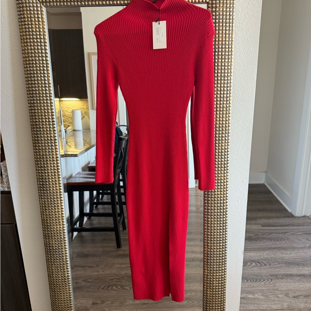 Elegant Red Ribbed Knit Dress